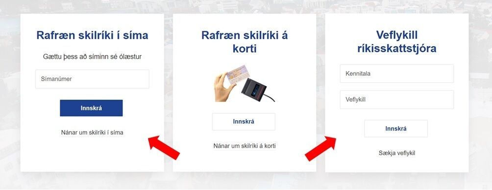 Innskráningarsíða þjónustuvefs RSK. Bent á innskráningu með rafrænum skilríkjum